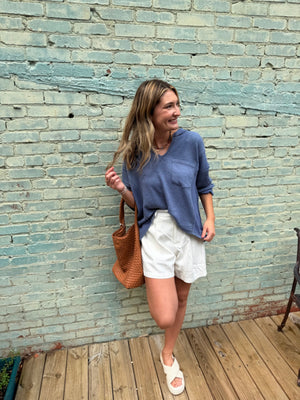 Blu Pepper Blue Split Neck Ribbed Knit Top