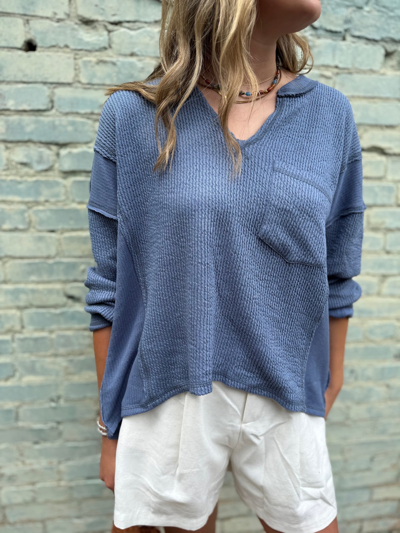 Blu Pepper Blue Split Neck Ribbed Knit Top