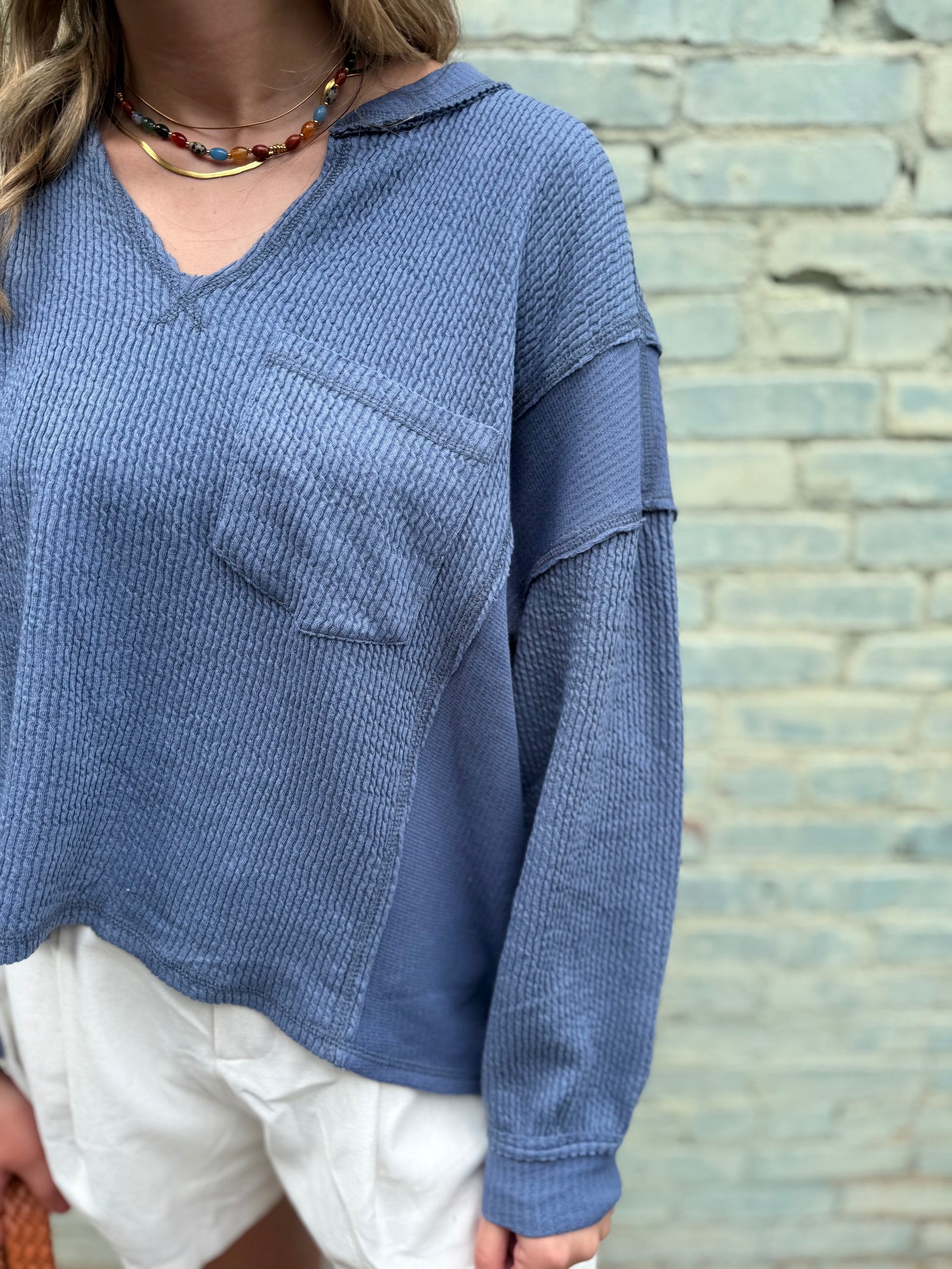 Blu Pepper Blue Split Neck Ribbed Knit Top