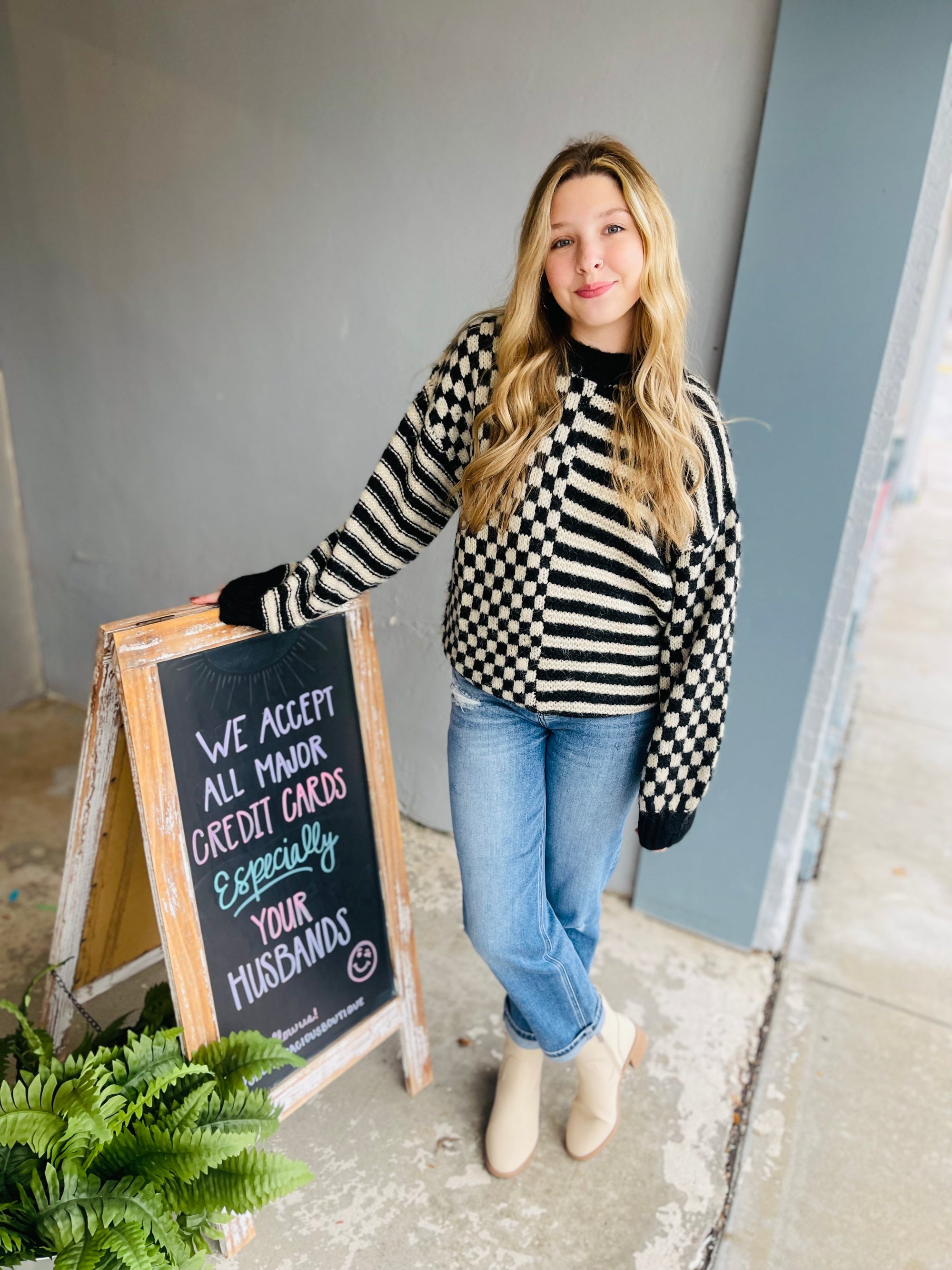 Black Checkered Stripe Colorblock Sweater