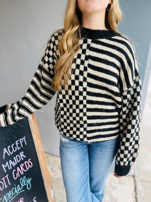 Black Checkered Stripe Colorblock Sweater