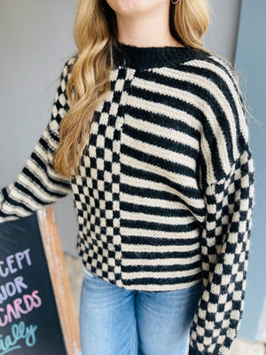 Black Checkered Stripe Colorblock Sweater