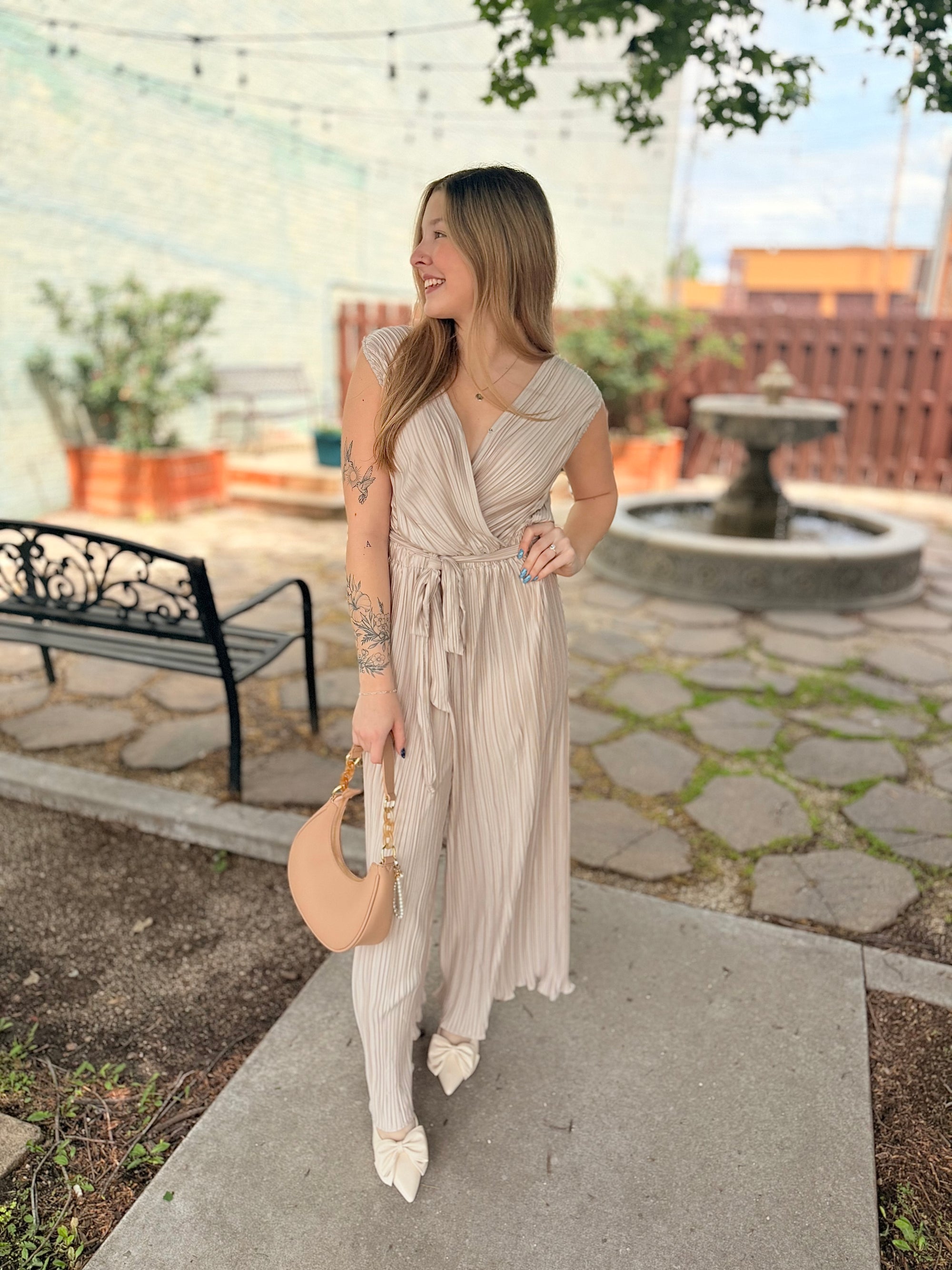 Stone Pleated Jumpsuit w/ Tie Waist