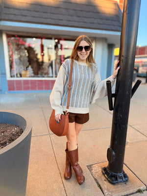 Blue Mix Striped Dolman Sleeve Knit Sweater Top
