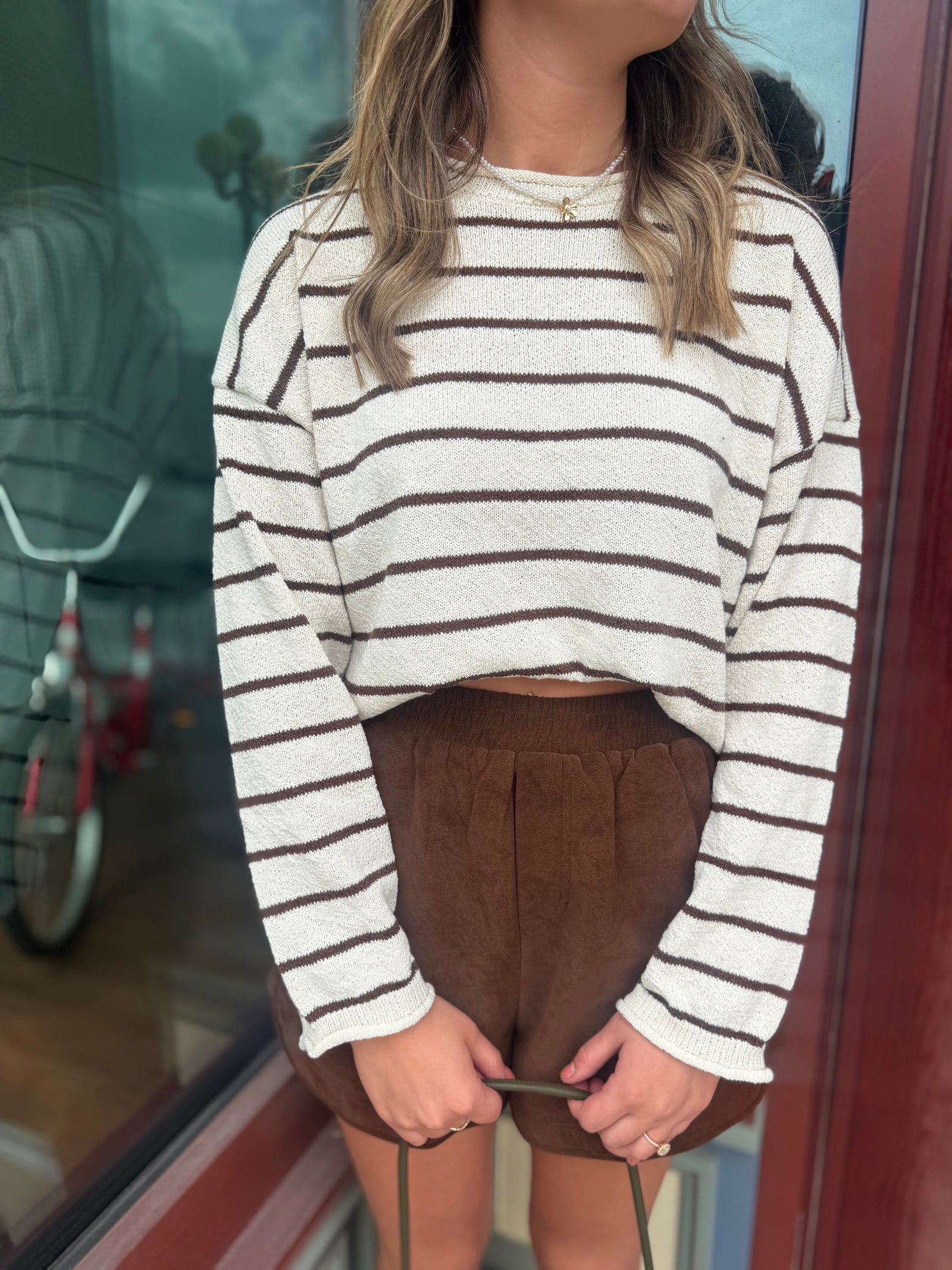 Blu Pepper Cream + Brown Stripe Textured Raw Edge Sweater