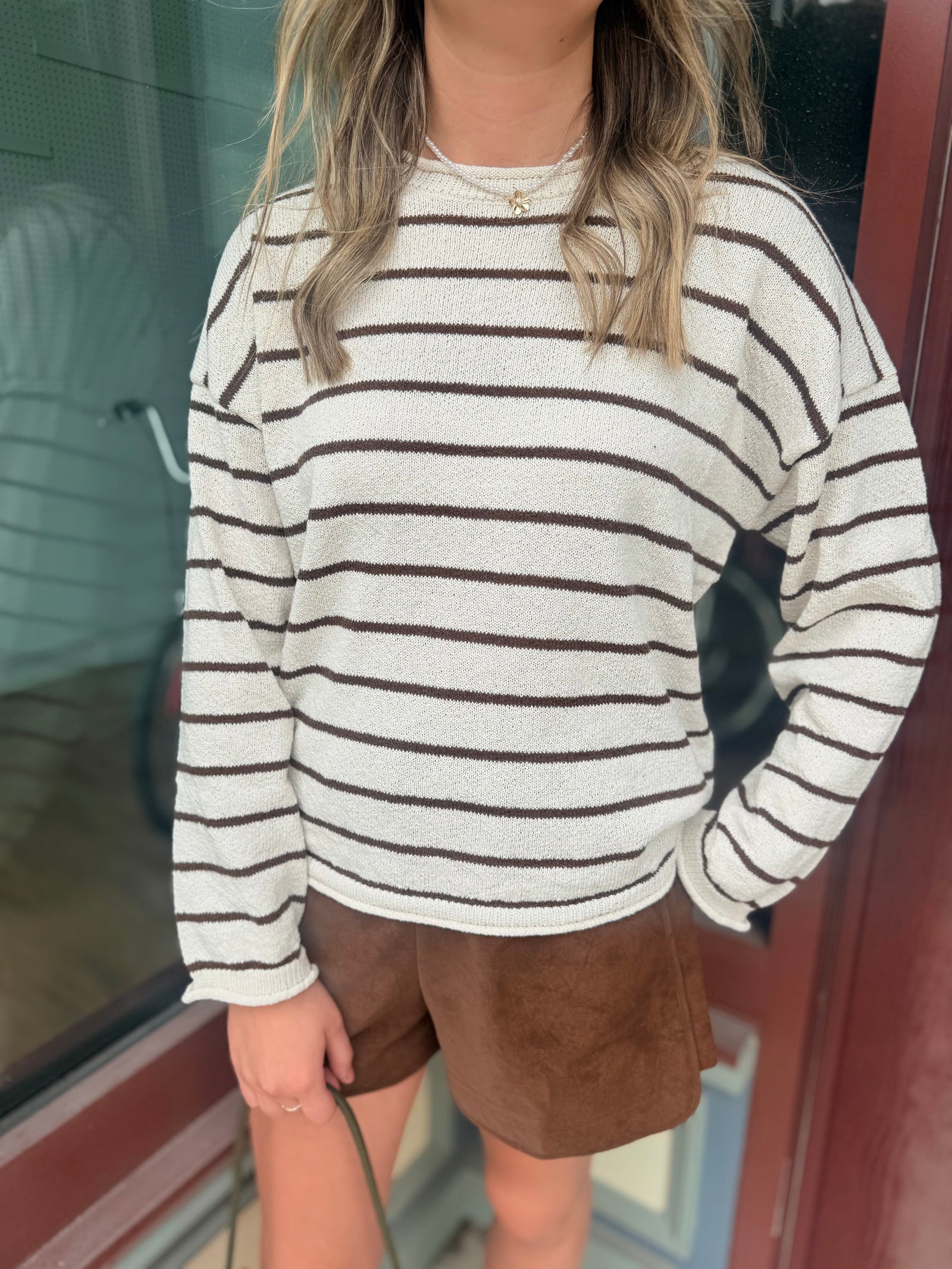 Blu Pepper Cream + Brown Stripe Textured Raw Edge Sweater