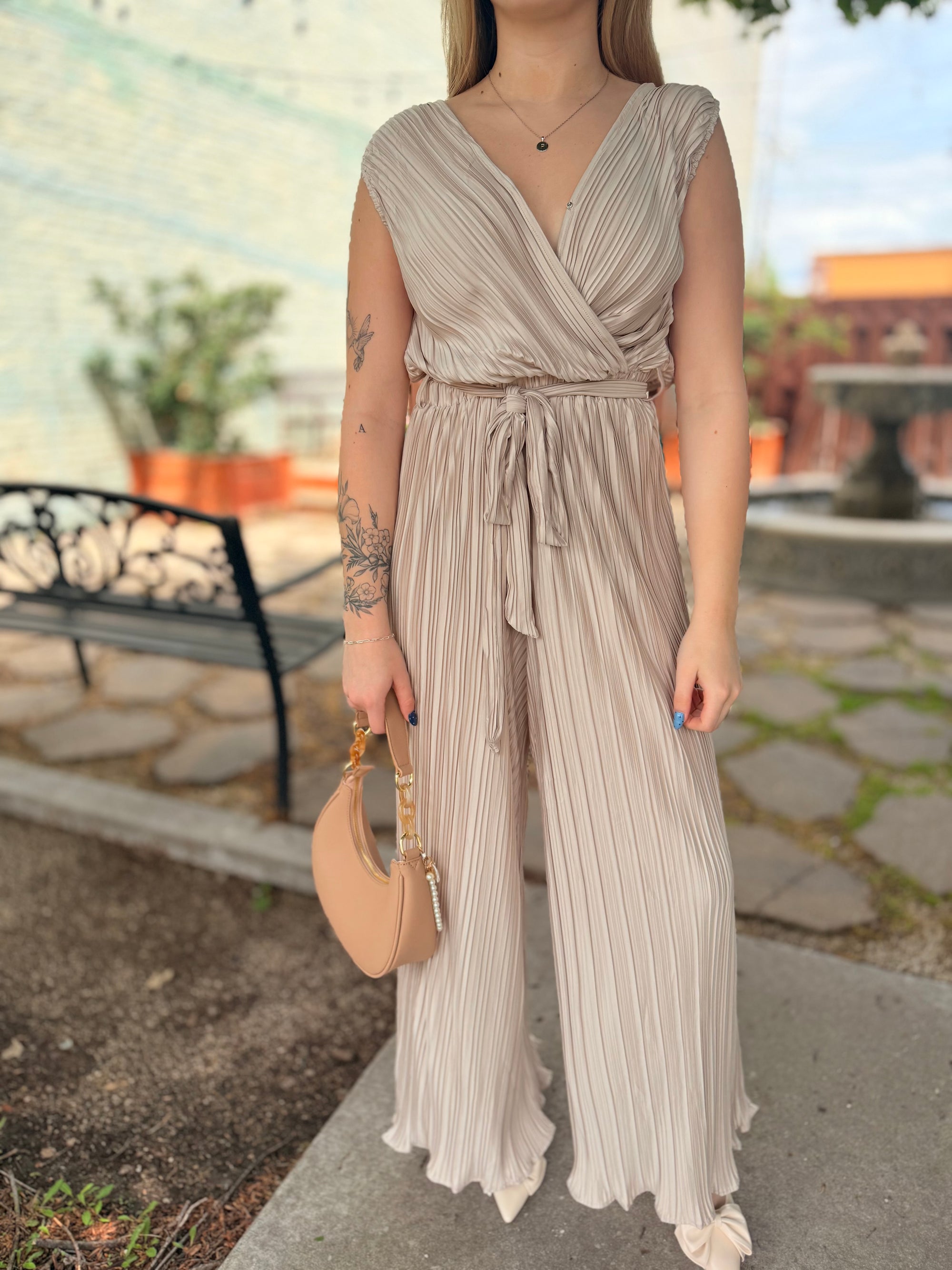 Stone Pleated Jumpsuit w/ Tie Waist