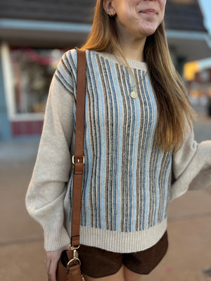 Blue Mix Striped Dolman Sleeve Knit Sweater Top