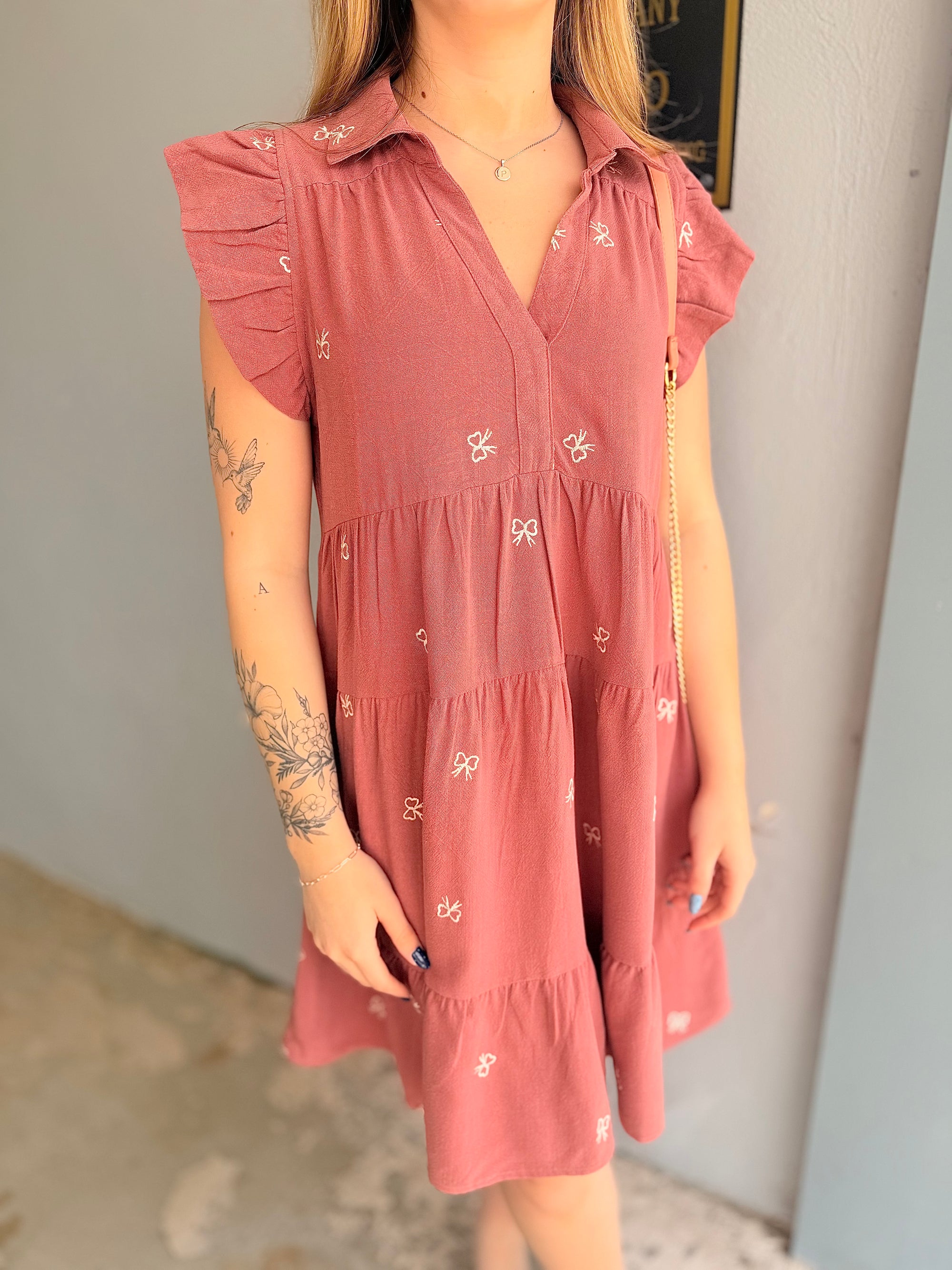 Rose Tiered Baby Doll Dress w. Bow Embroidered