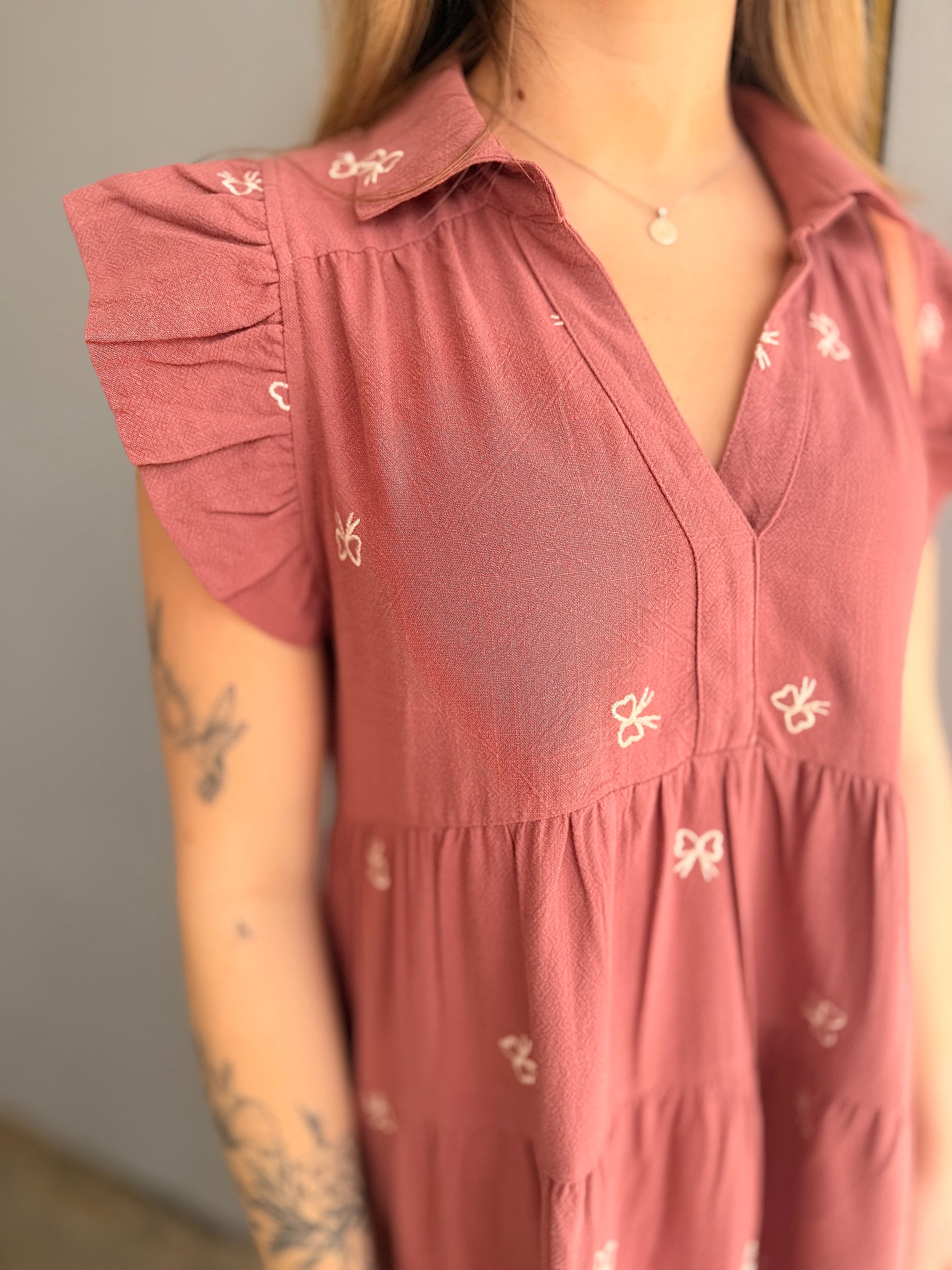 Rose Tiered Baby Doll Dress w. Bow Embroidered