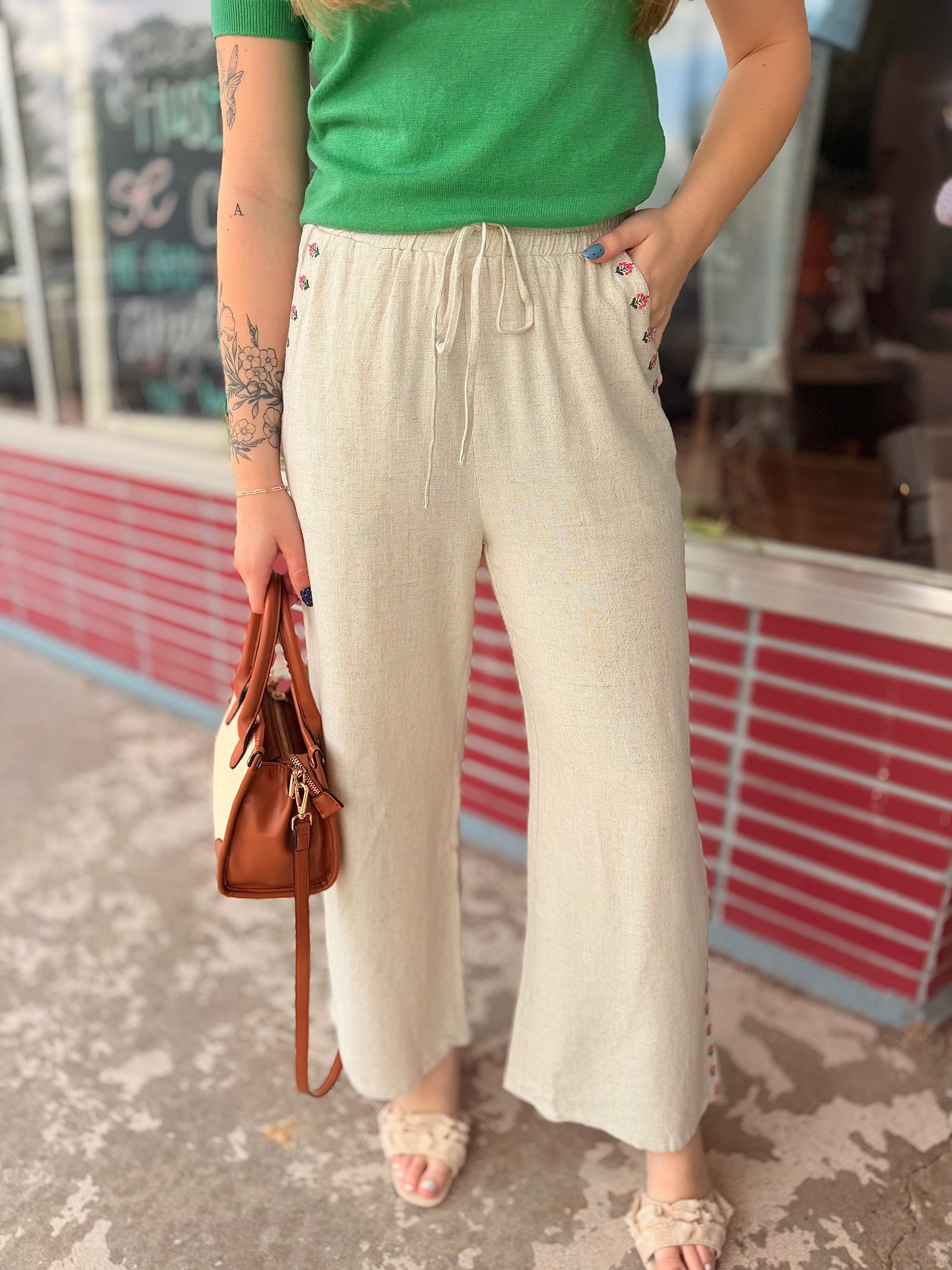 Oatmeal Linen Pants w/ Floral Embroidered Border