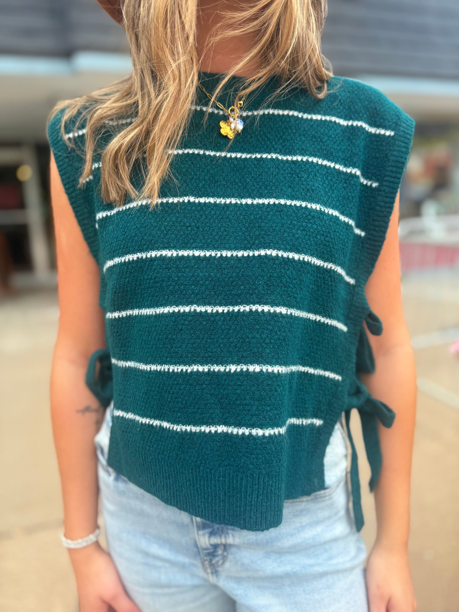 Very J Teal Striped Knit Side Tie Vest