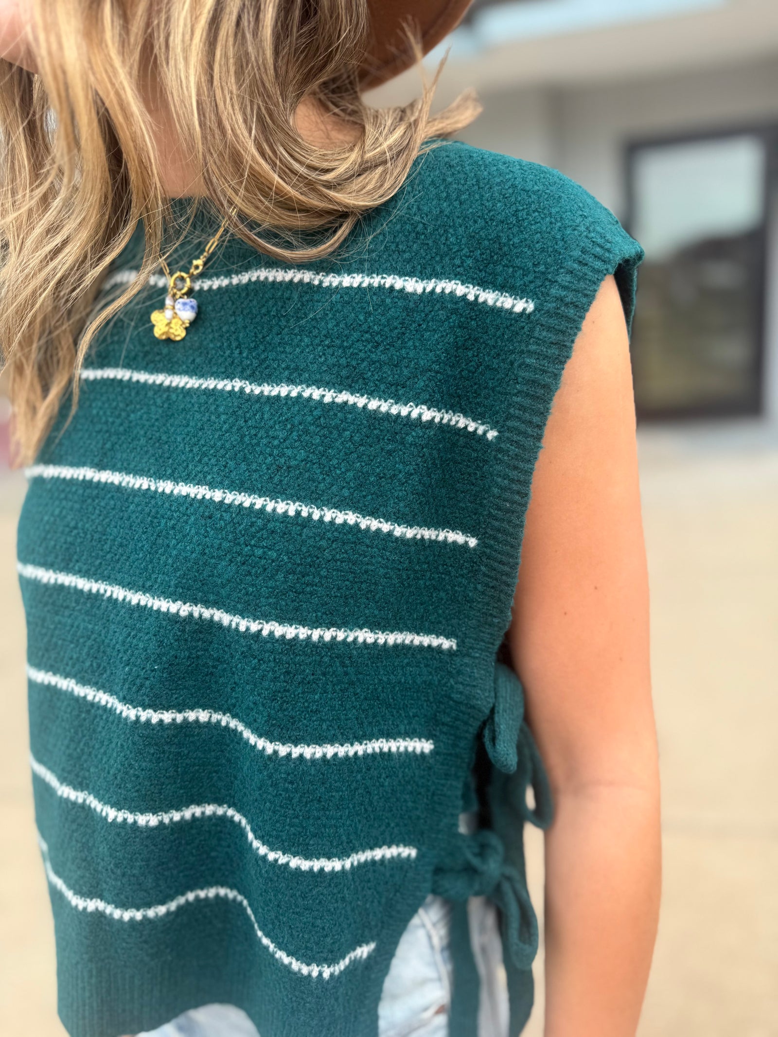 Very J Teal Striped Knit Side Tie Vest