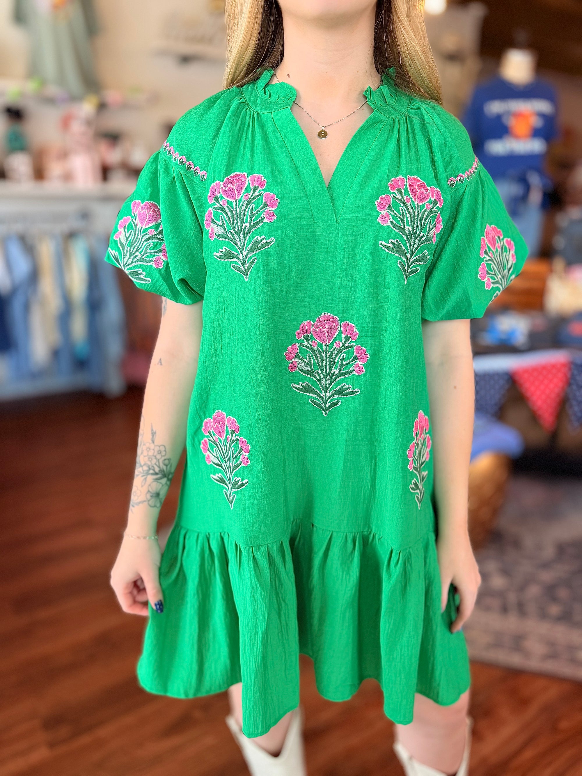Kelly Green Tiered Dress w/ Floral Embroidery