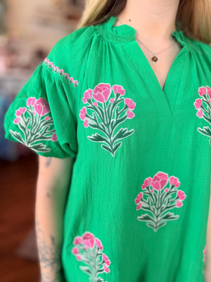 Kelly Green Tiered Dress w/ Floral Embroidery