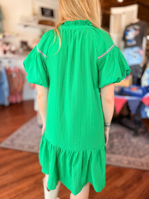 Kelly Green Tiered Dress w/ Floral Embroidery
