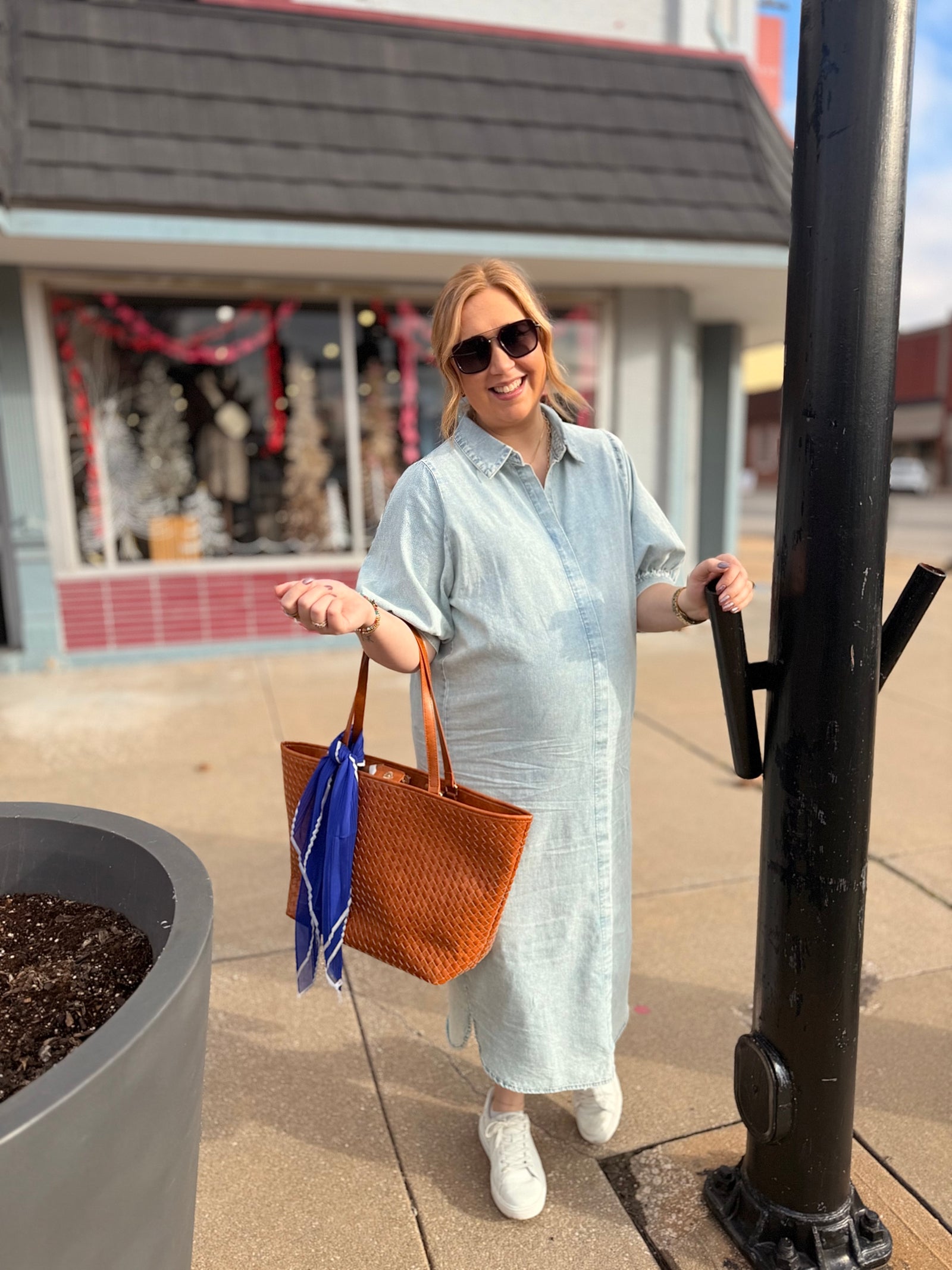 Washed Chambray Pleat Front Midi Dress