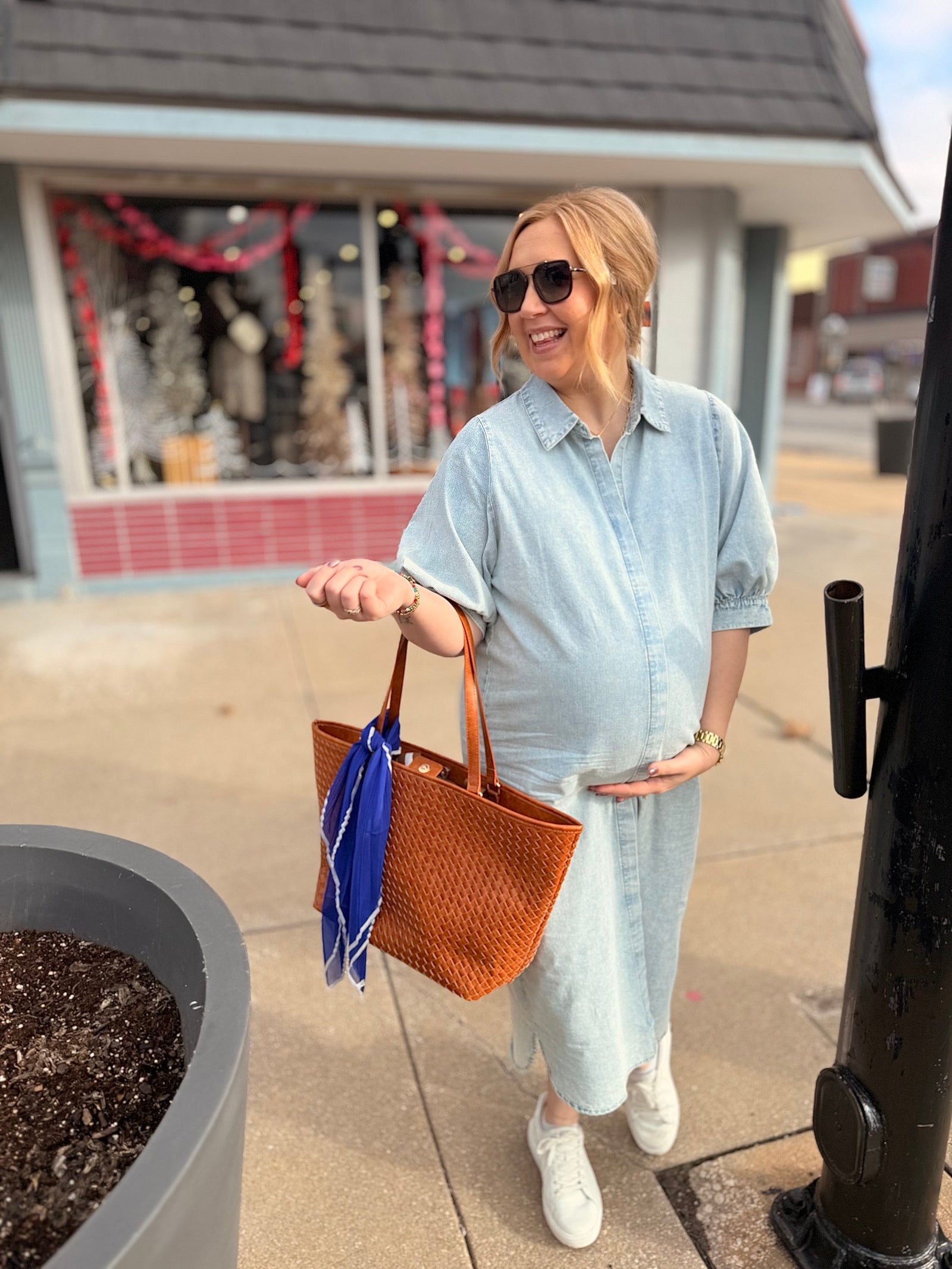 Washed Chambray Pleat Front Midi Dress