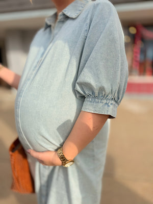 Washed Chambray Pleat Front Midi Dress