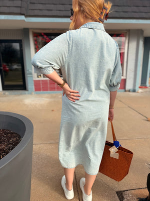 Washed Chambray Pleat Front Midi Dress