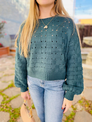 Teal Checker Weave Knit Sweater