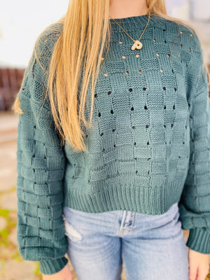 Teal Checker Weave Knit Sweater