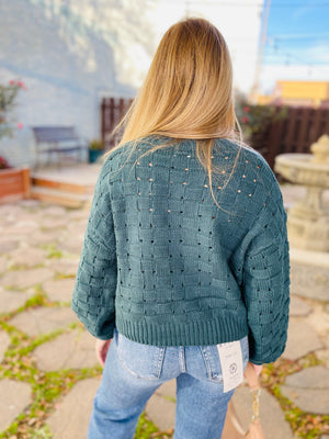 Teal Checker Weave Knit Sweater