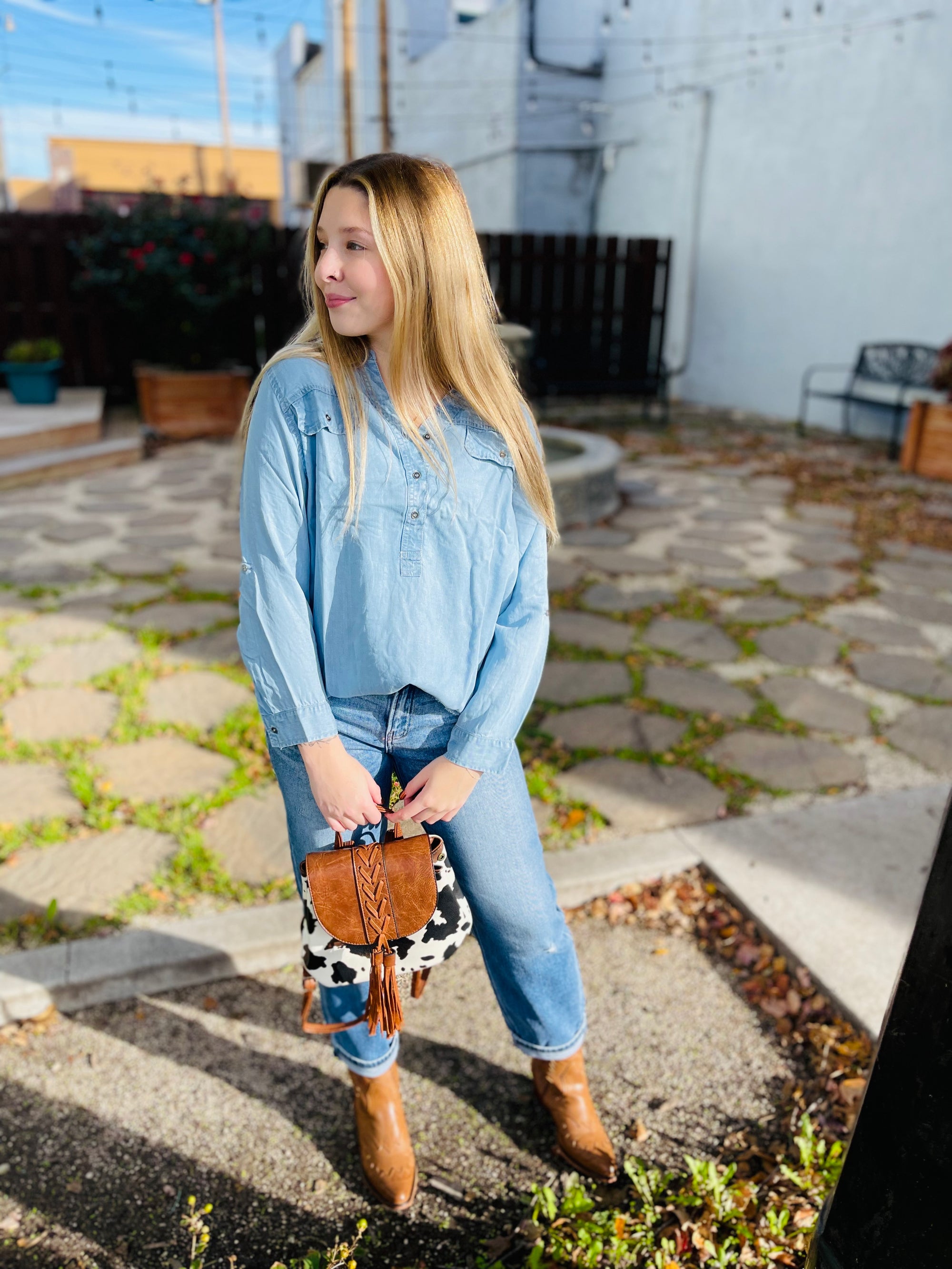 Chambray Frayed Hem Blouse