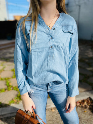 Chambray Frayed Hem Blouse