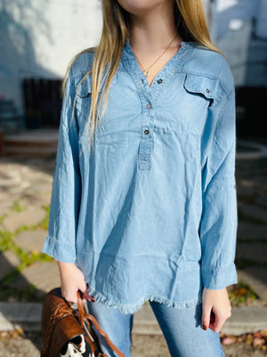 Chambray Frayed Hem Blouse