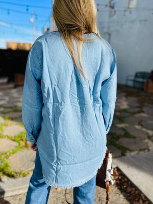 Chambray Frayed Hem Blouse