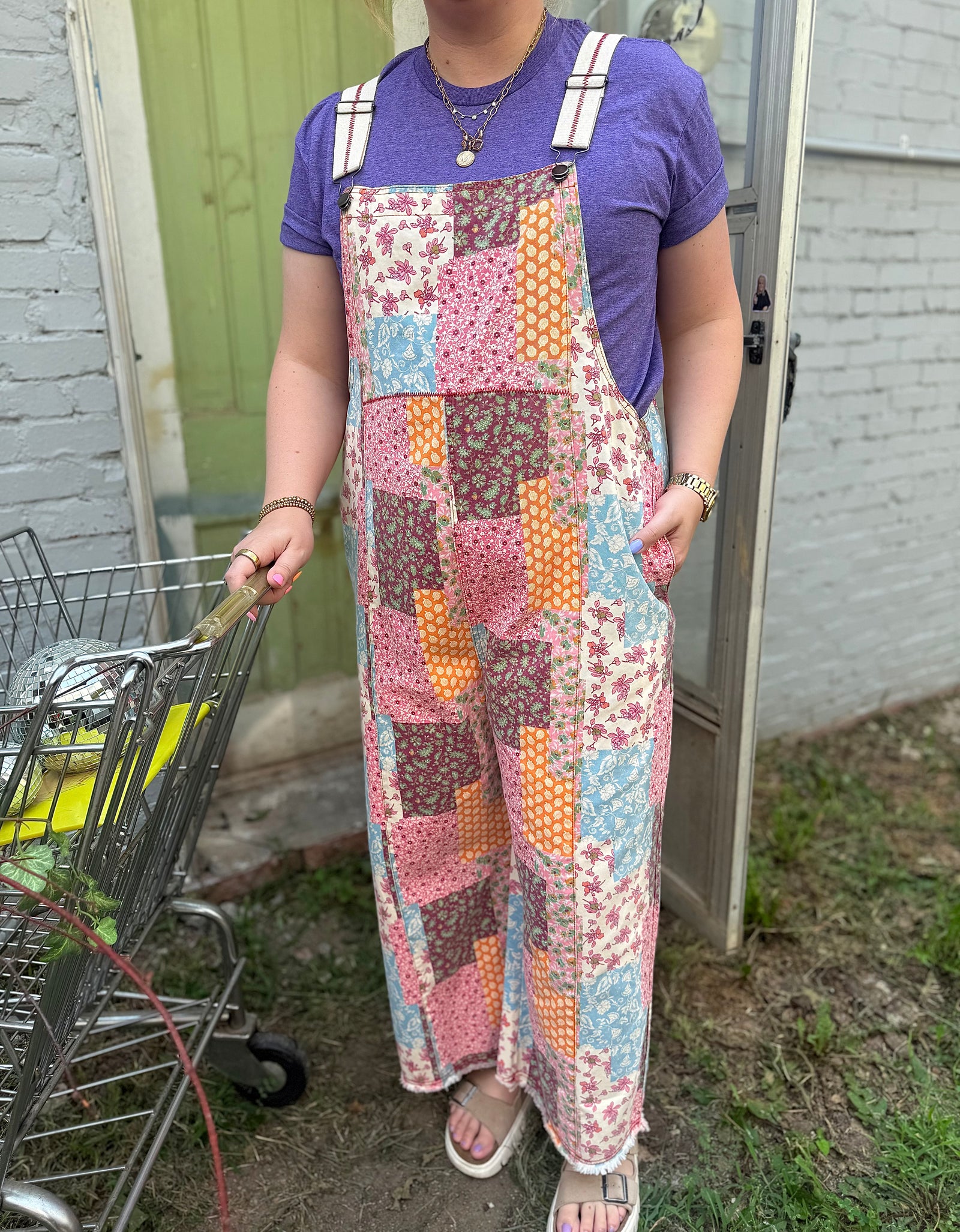 Easel Cream Floral Patchwork Overalls