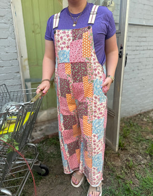 Easel Cream Floral Patchwork Overalls