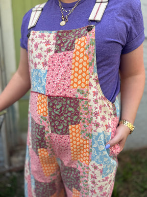 Easel Cream Floral Patchwork Overalls