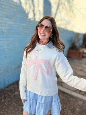 Cream Sweater w/ Pink Cable Knit  Bow Detail
