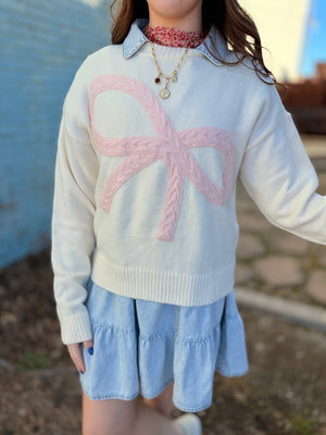Cream Sweater w/ Pink Cable Knit  Bow Detail