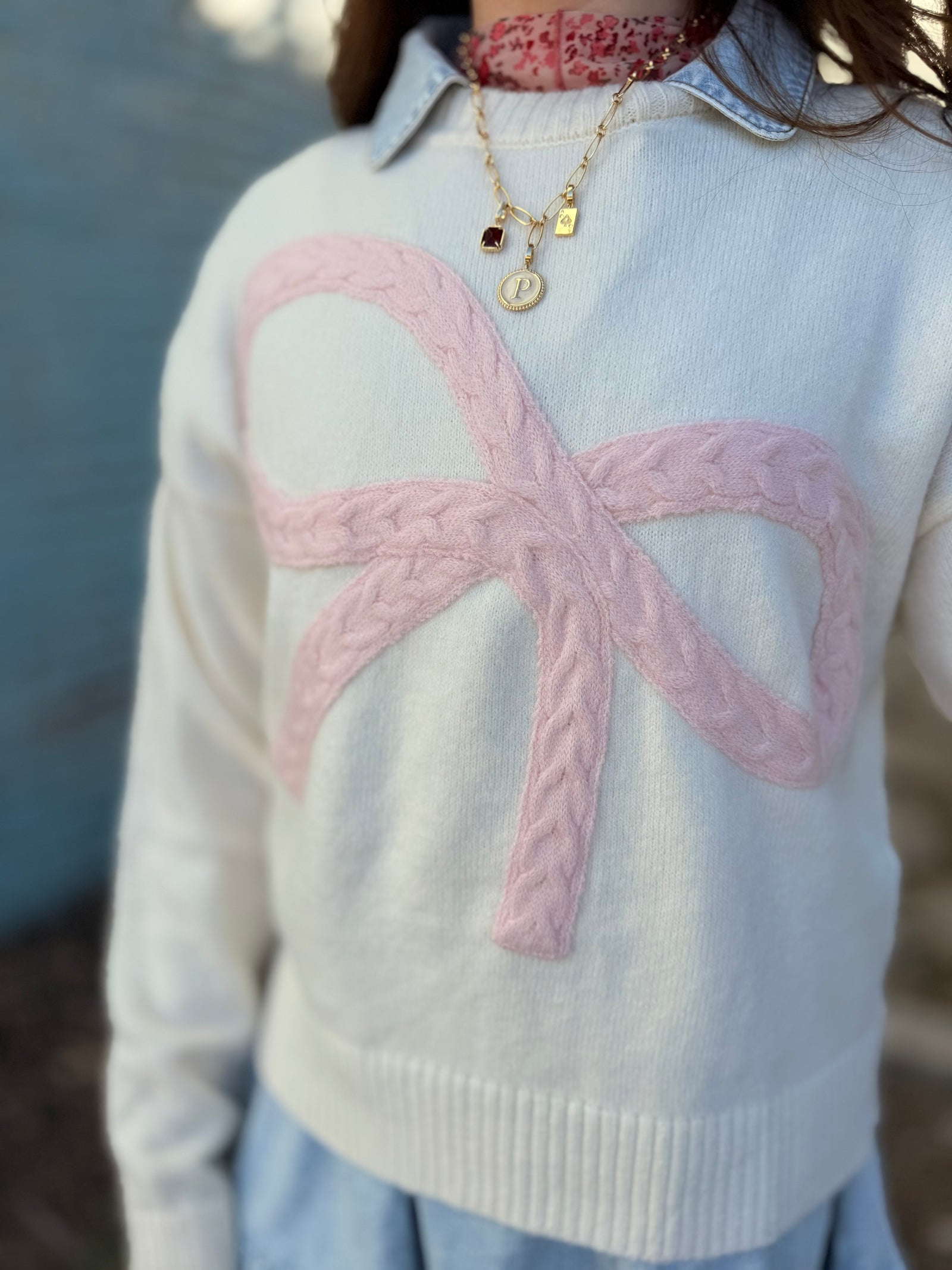 Cream Sweater w/ Pink Cable Knit  Bow Detail