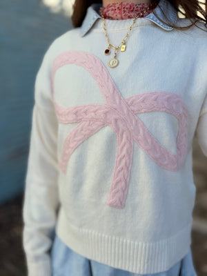 Cream Sweater w/ Pink Cable Knit  Bow Detail