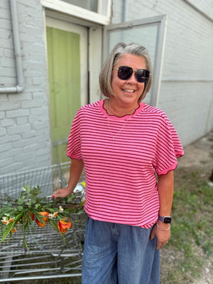 Very J Pink + Red Scallop Trim Stripe Knit Top