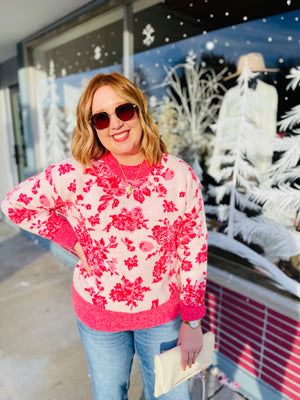 Pink Rose Floral Knit Sweater