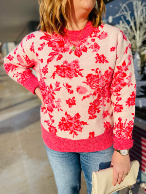 Pink Rose Floral Knit Sweater