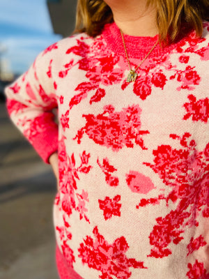 Pink Rose Floral Knit Sweater