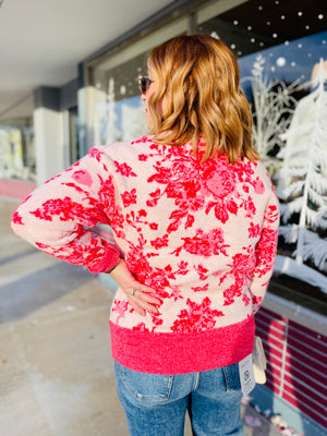 Pink Rose Floral Knit Sweater