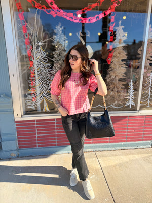 Pink Plaid Gingham Puff Sleeve Blouse w/ Scallop Hem