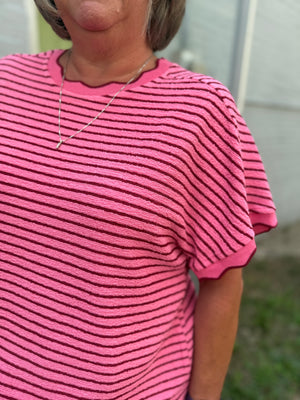 Very J Pink + Red Scallop Trim Stripe Knit Top