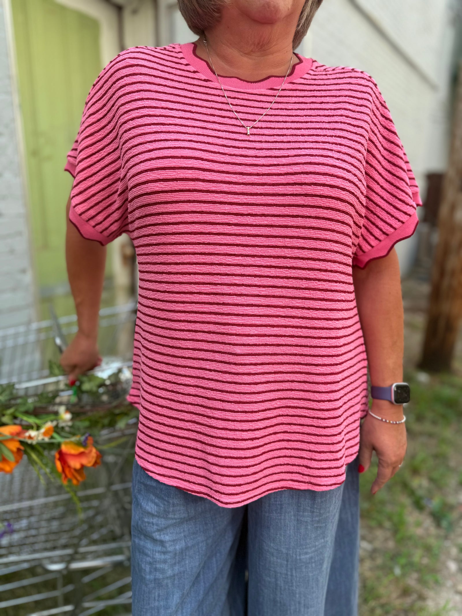 Very J Pink + Red Scallop Trim Stripe Knit Top