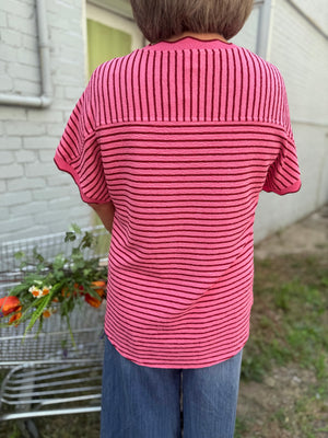 Very J Pink + Red Scallop Trim Stripe Knit Top