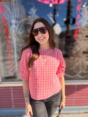 Pink Plaid Gingham Puff Sleeve Blouse w/ Scallop Hem
