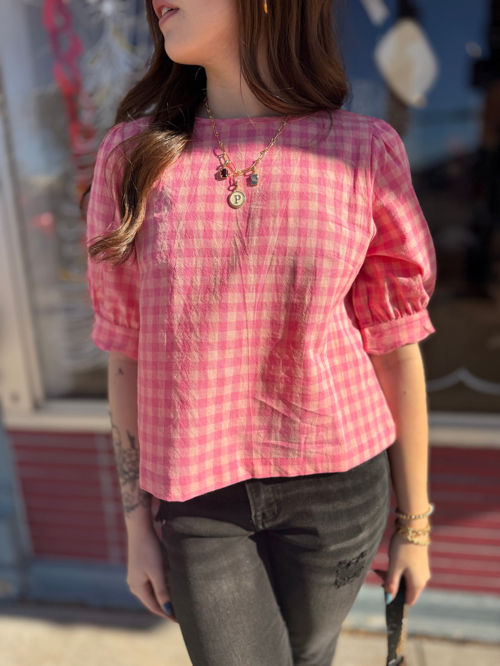 Pink Plaid Gingham Puff Sleeve Blouse w/ Scallop Hem