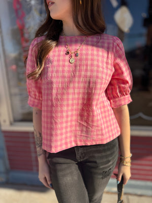 Pink Plaid Gingham Puff Sleeve Blouse w/ Scallop Hem